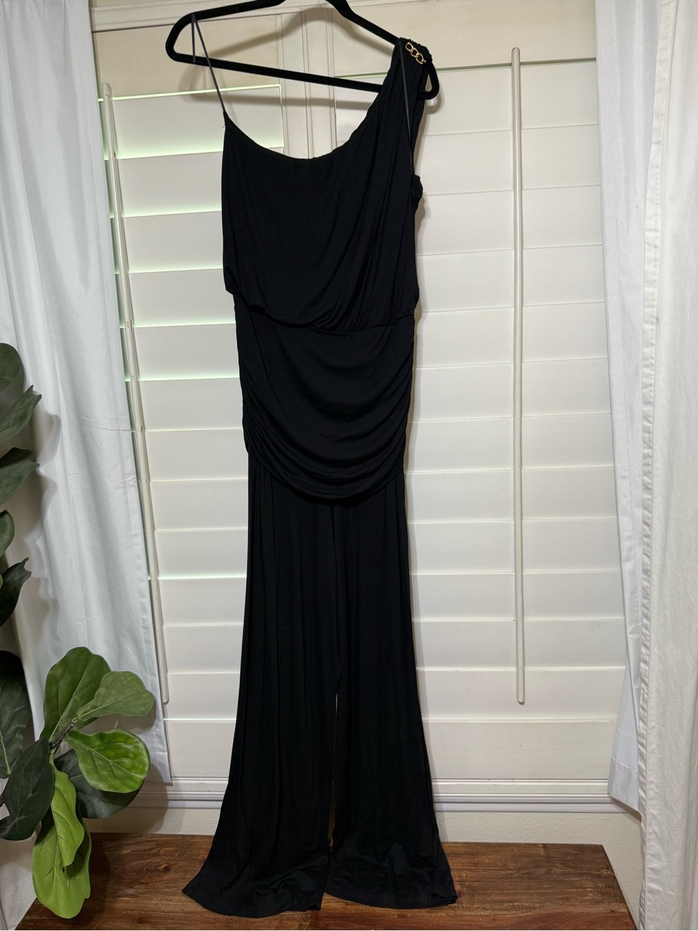 VENUS Black One-Shoulder Draped Jumpsuit with Gold Accent
